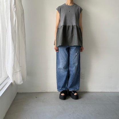 homspun  ワッフルノースリーブプルオーバー　トップグレー×グリーン