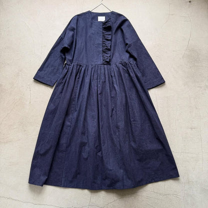 MAGALI インディゴコットンリネンフリルワンピース