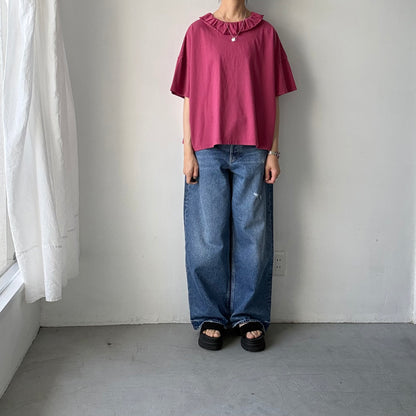 homspun 天竺フリルカラー半袖プルオーバー　ワイン