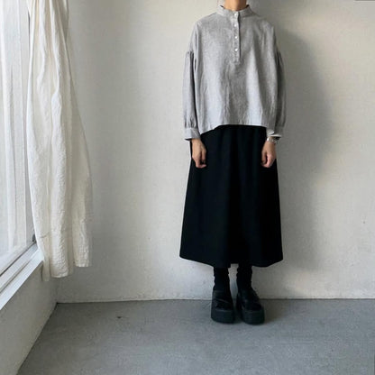 Linenya  コットンリネンウール長袖スタンドカラーブラウス