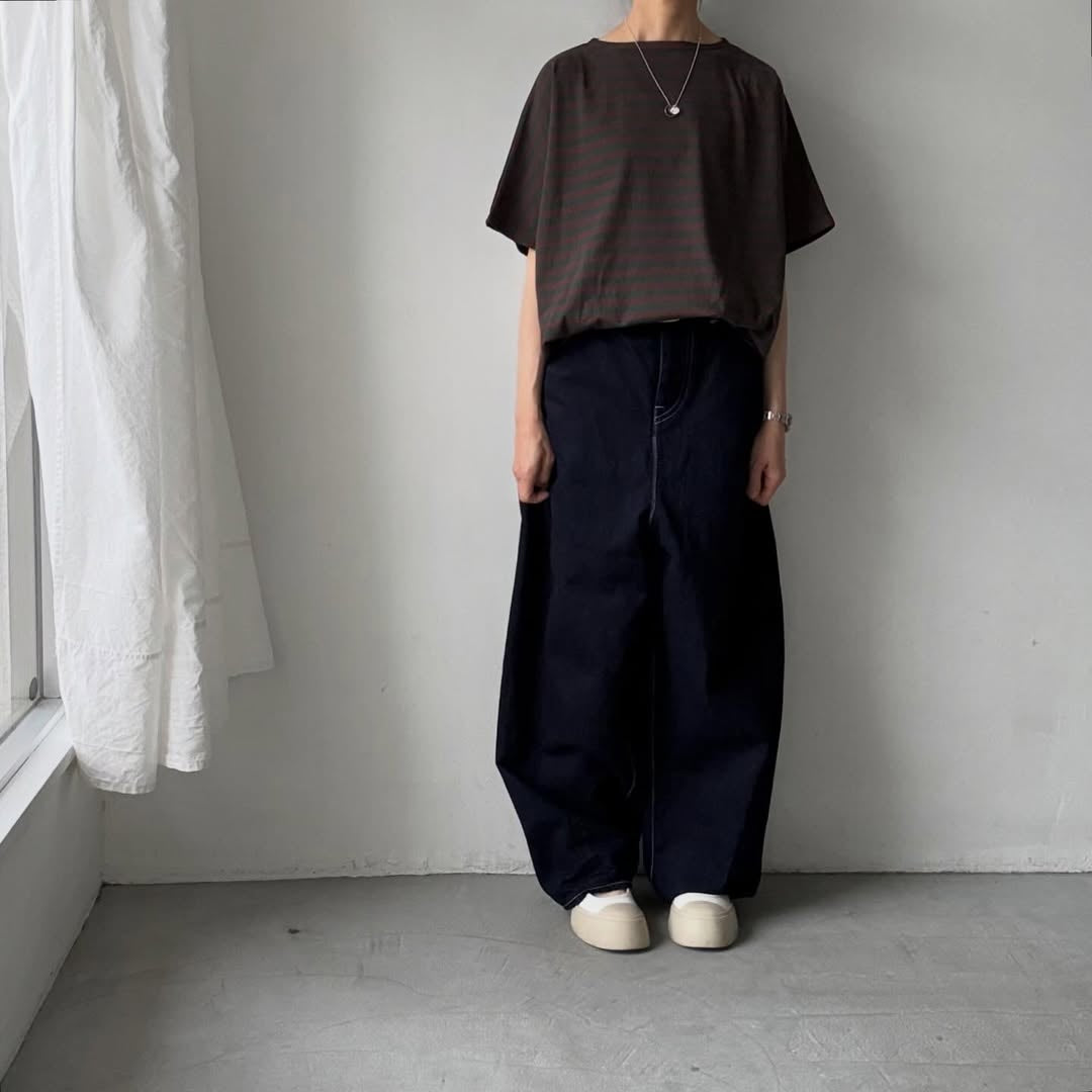 homspun  天竺ボーダー半袖プルオーバー　グリーン×ブラウン