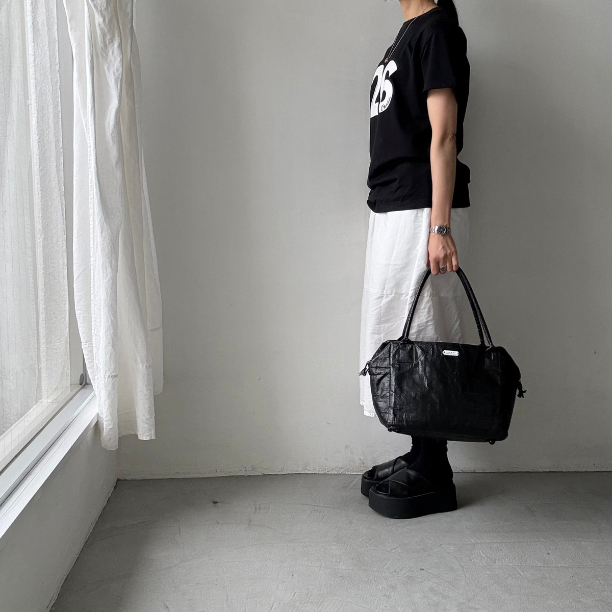 OLDMANS TAILOR   ブラシストロークプリント半袖Tシャツ　ブラック