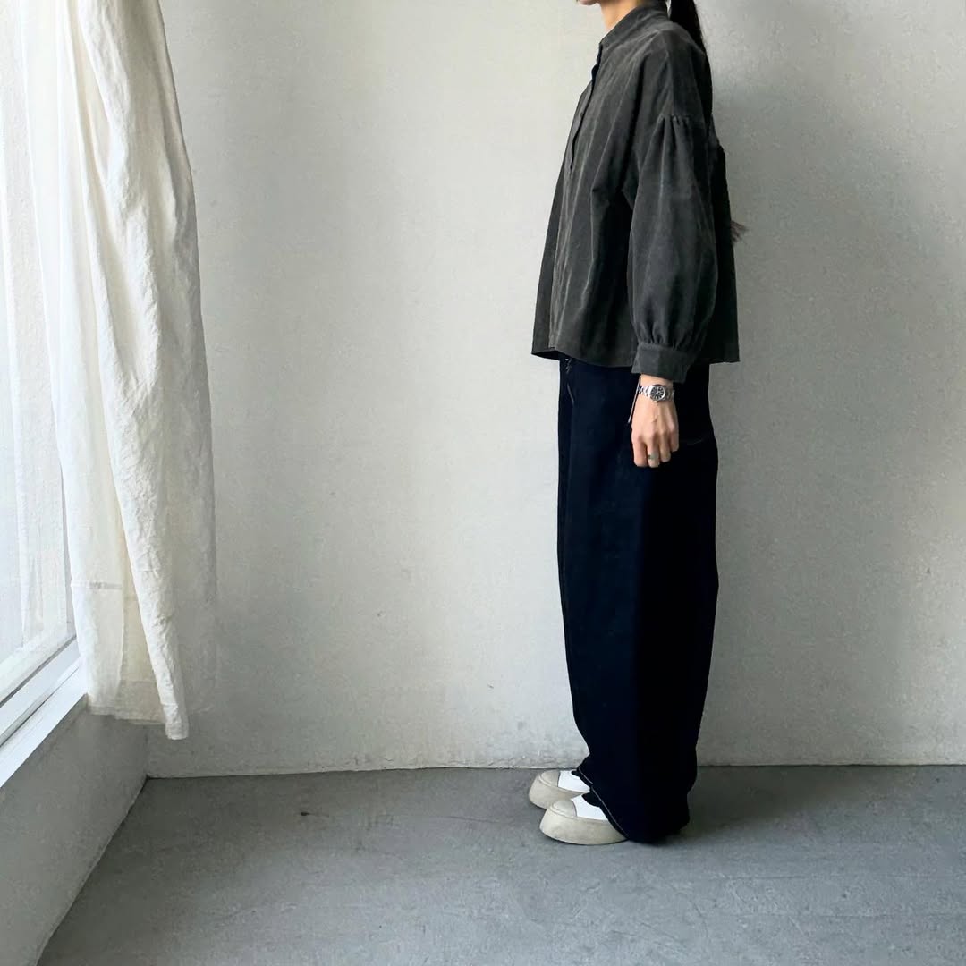 Linenya  長袖スタンドカラーブラウス　チャコール