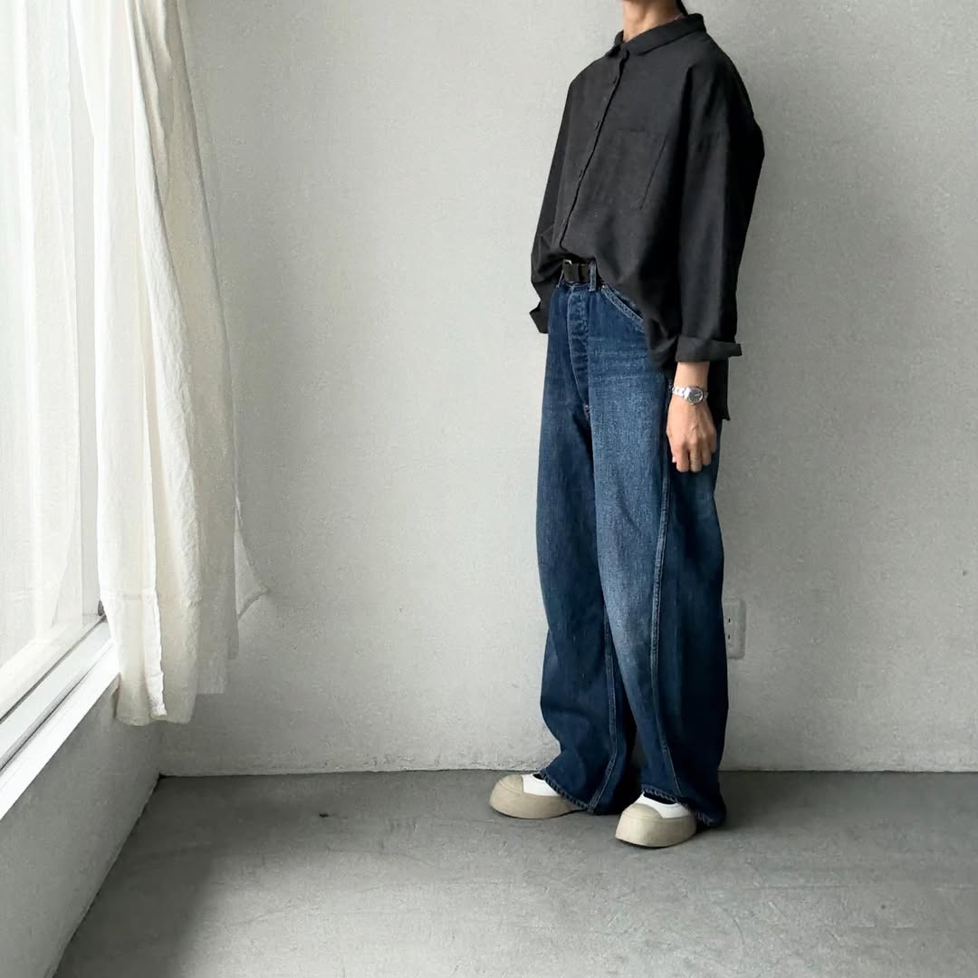 Linenya  コットンヤク丸襟長袖ブラウス　チャコール