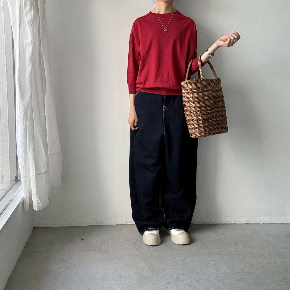 as it is.クルーネック7分袖コットンニット　レッド