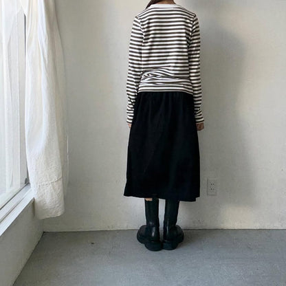 R&D.M.Co 裏起毛ボーダークルーネック長袖Tシャツ　ホワイト×カーキ