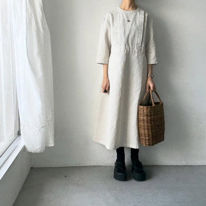 MAGALI ハイカウントコットンリネングレースドレス　オートミール