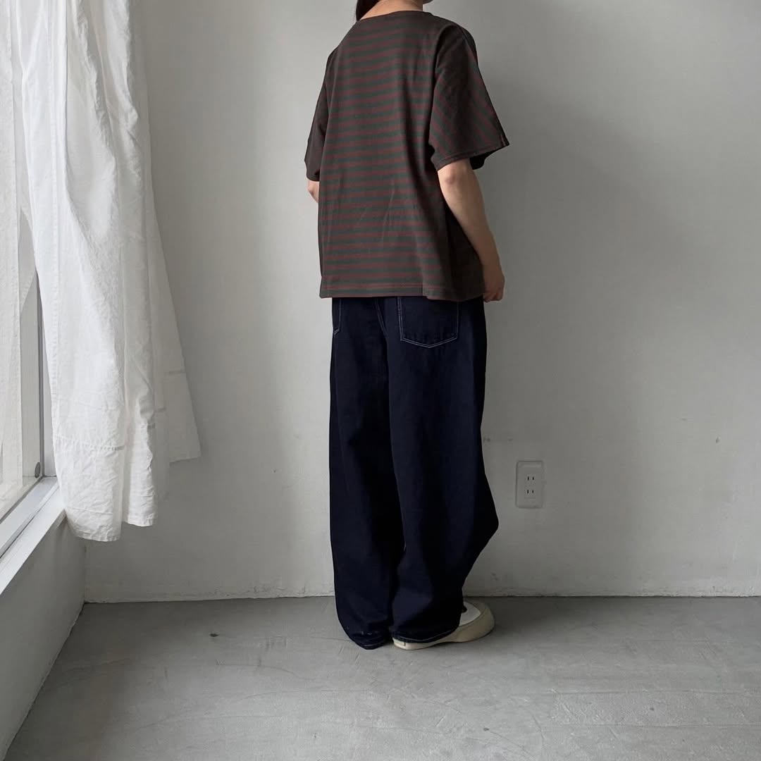 homspun  天竺ボーダー半袖プルオーバー　グリーン×ブラウン