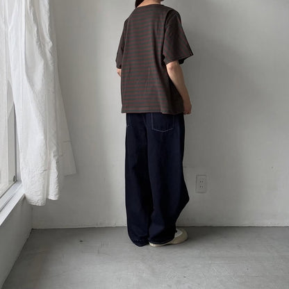 homspun  天竺ボーダー半袖プルオーバー　グリーン×ブラウン