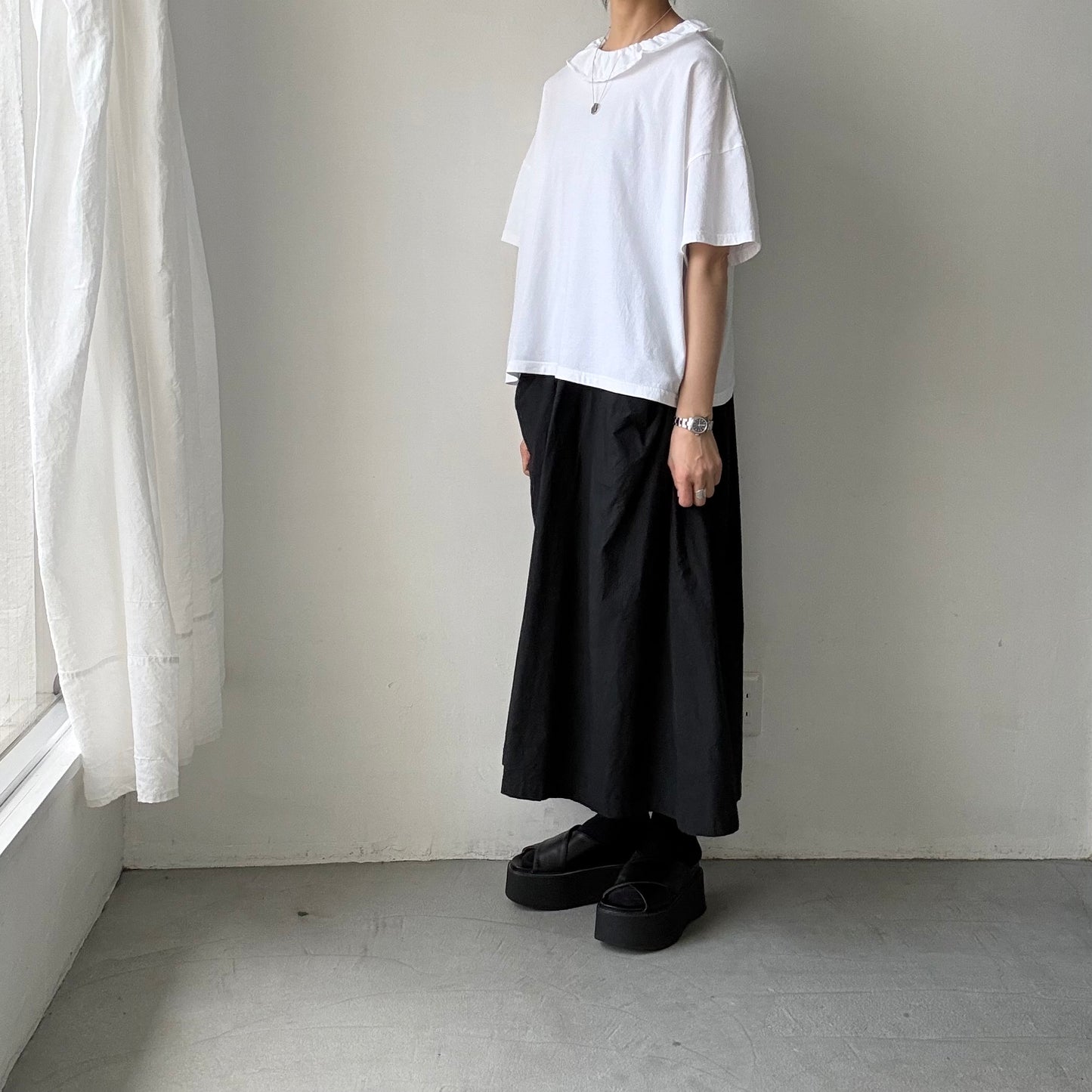 homspun 天竺フリルカラー半袖プルオーバー　ホワイト