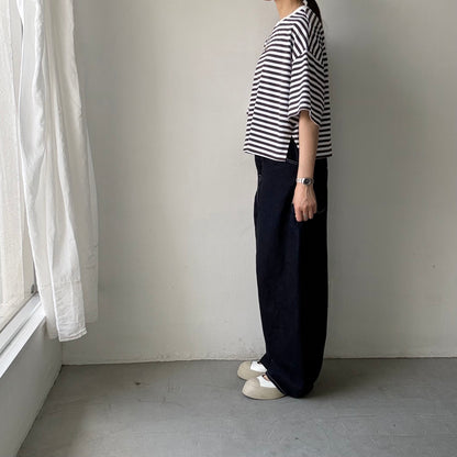 atelier naruse  コットンボーダー半袖カットソー　チャコール