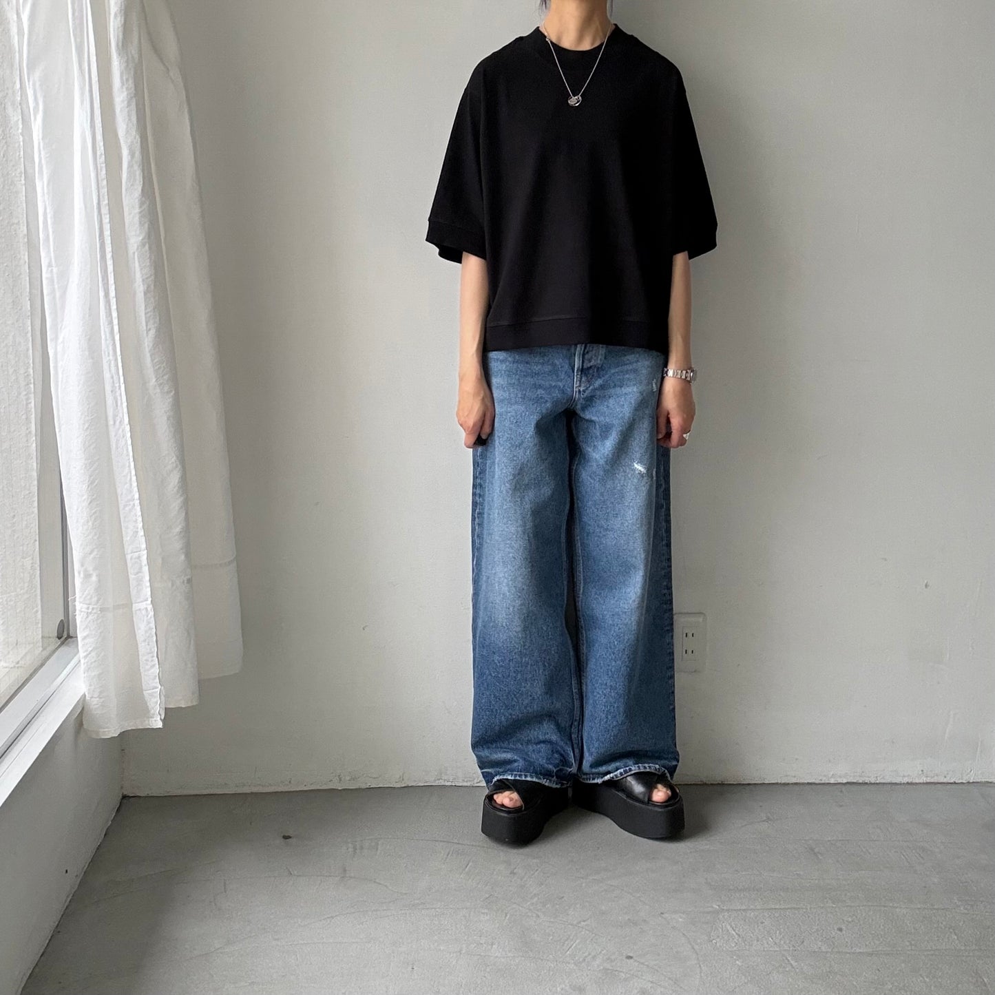 atelier d'antan  Bordet  コットンジャージー５分袖プルオーバー　ブラック