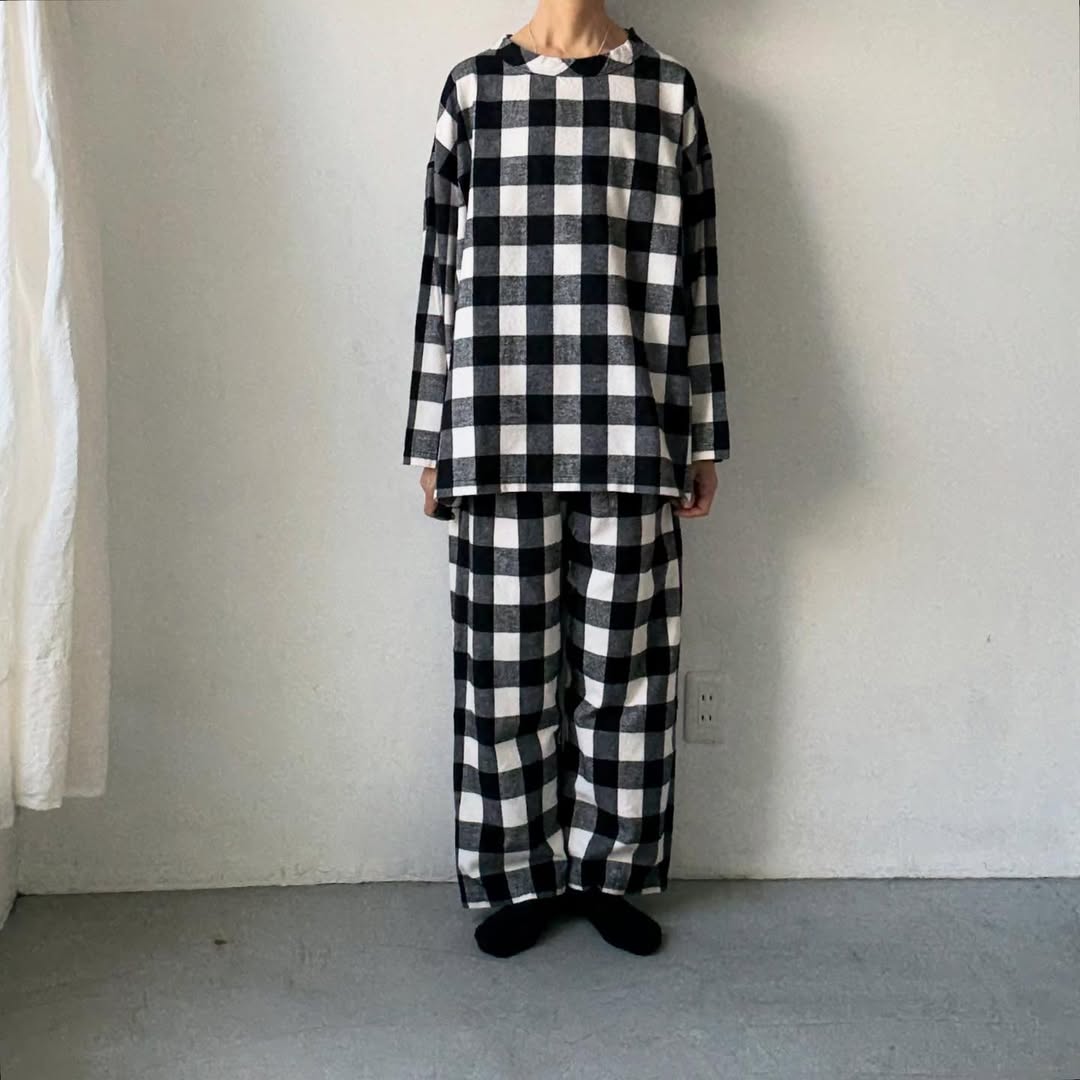 homspun ブロックチェックルームウェアセット　オフホワイト×ブラック