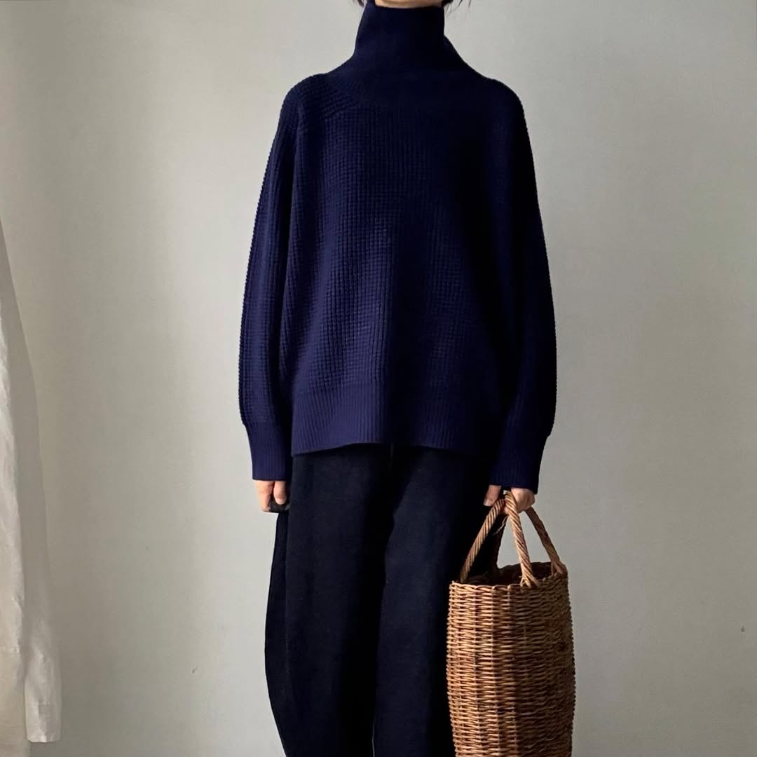 homspun メリノウールワッフル編みプルオーバー　ブルーネイビー