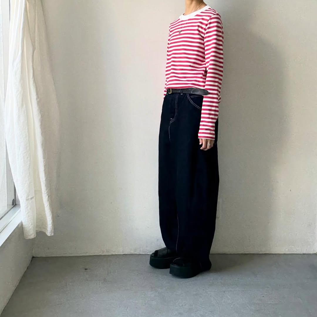 R&D.M.Co 裏起毛ボーダークルーネック長袖Tシャツ　ホワイト×ピンク