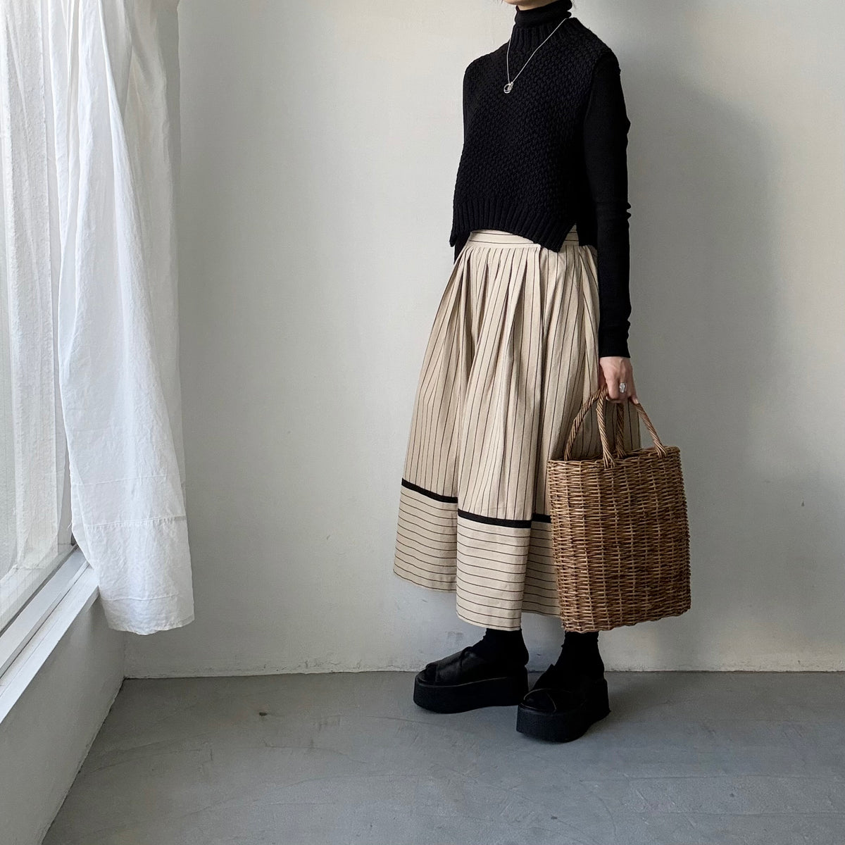 MAGALI コットンシルクストライプラップ風スカート　