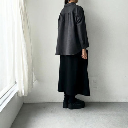 Linenya  コットンヤク丸襟長袖ブラウス　チャコール