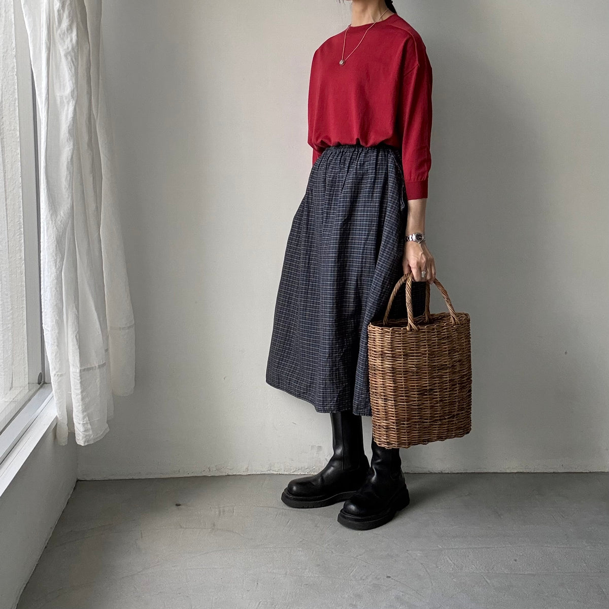 as it is.クルーネック7分袖コットンニット　レッド