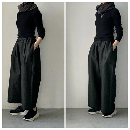 homspun ウールリネンギャザーワイドパンツ　ダークグリーン
