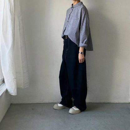 🟡週末入荷分予約受付中🟡Linenya  ギンガム丸襟長袖ブラウス　ホワイト×ブラック