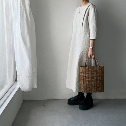 MAGALI ハイカウントコットンリネングレースドレス　オートミール