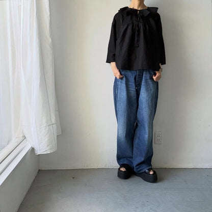 MAGALI コットンシルクブレイドフリルカラーブラウス　ブラック