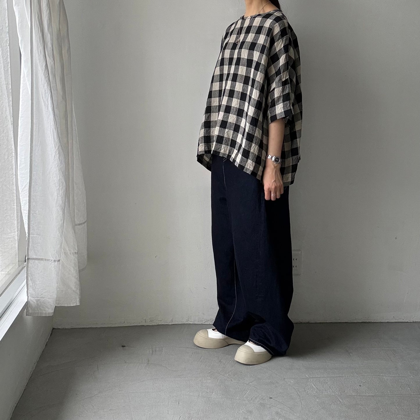 jujudhau ビッグチェックリネンワイドシャツ
