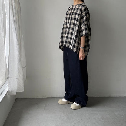 jujudhau ビッグチェックリネンワイドシャツ