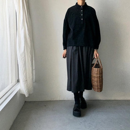 Linenya  長袖スタンドカラーブラウス　ブラック