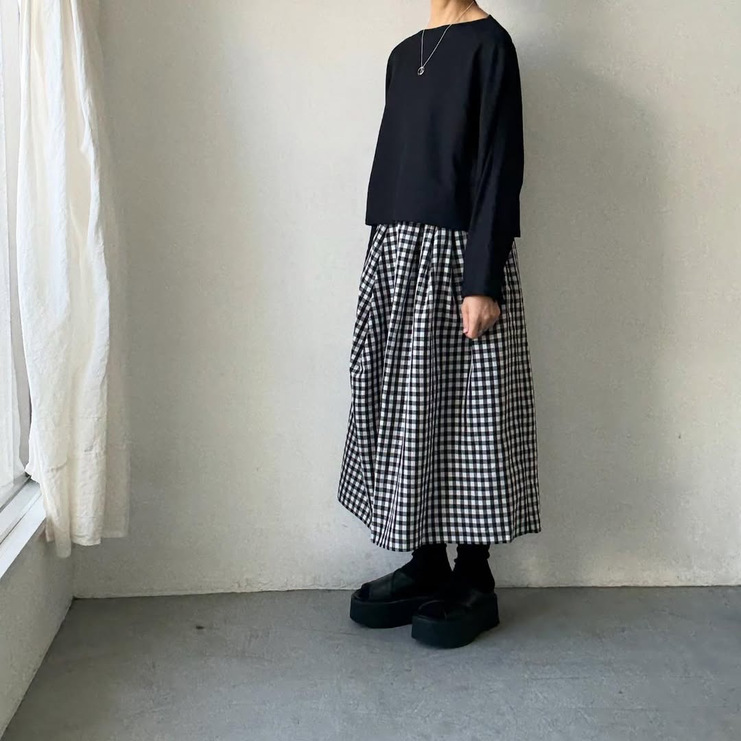 ayanoguchiaya　ギンガムチェックタックワイドスカート(blanc別注)