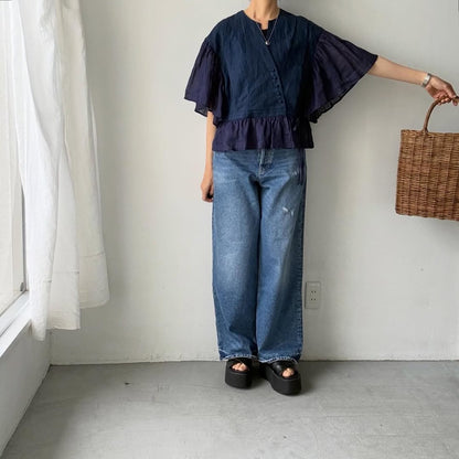 MAGALI インディゴリネンカシュクールブラウス　ネイビー