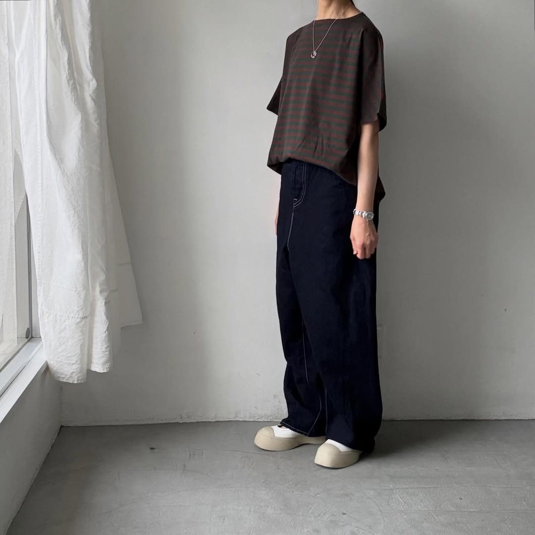 homspun  天竺ボーダー半袖プルオーバー　グリーン×ブラウン