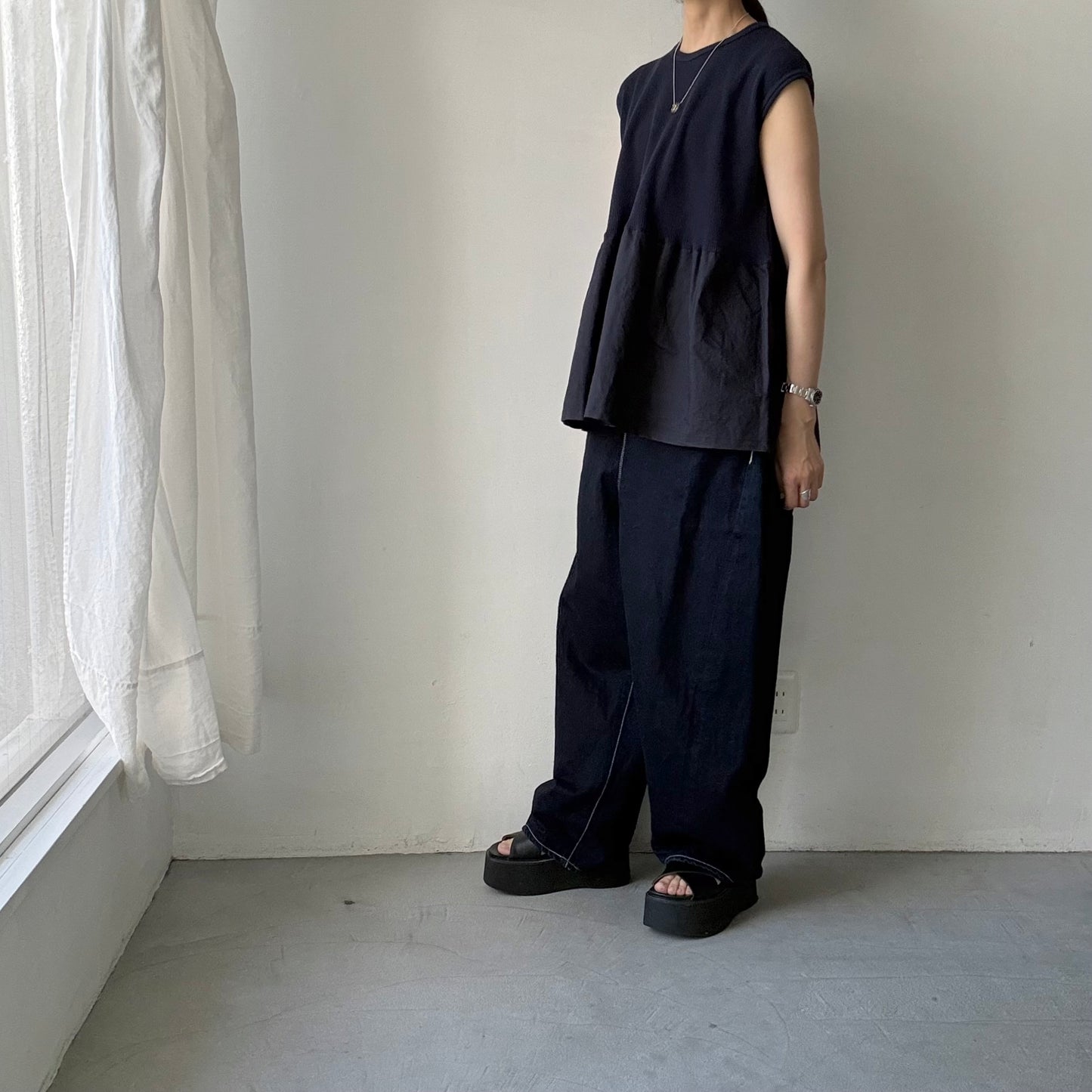 homspun  ワッフルノースリーブプルオーバー　ネイビー×ネイビー