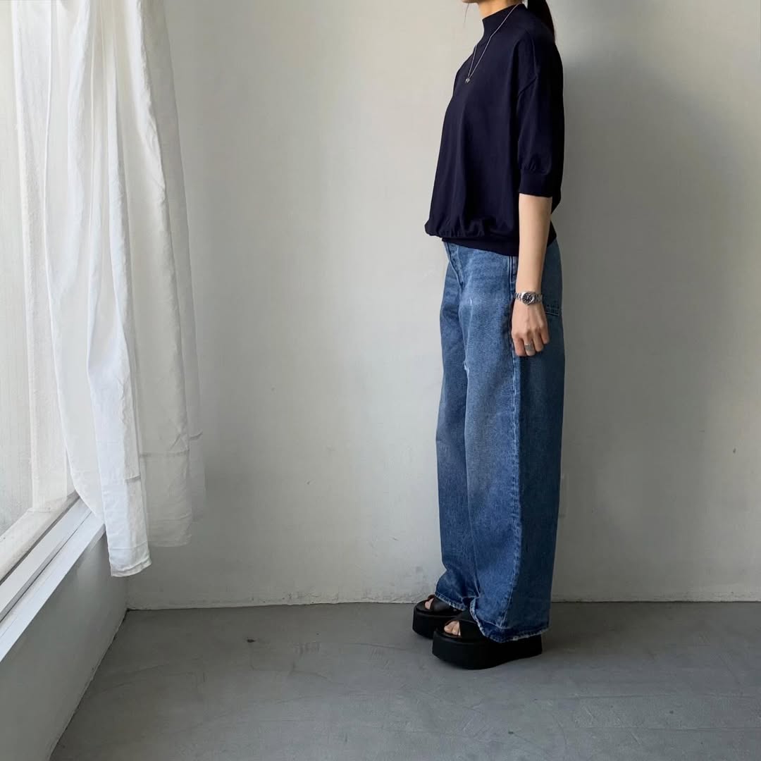 🟡木曜入荷分予約受付中🟡as it is   モックネックコットン5分袖ニット　ネイビー　