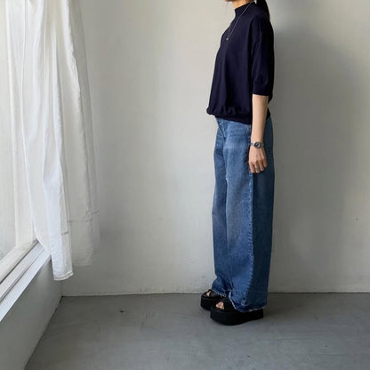 🟡木曜入荷分予約受付中🟡as it is   モックネックコットン5分袖ニット　ネイビー　