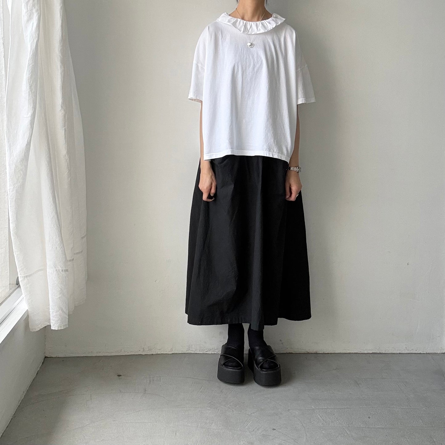 homspun 天竺フリルカラー半袖プルオーバー　ホワイト