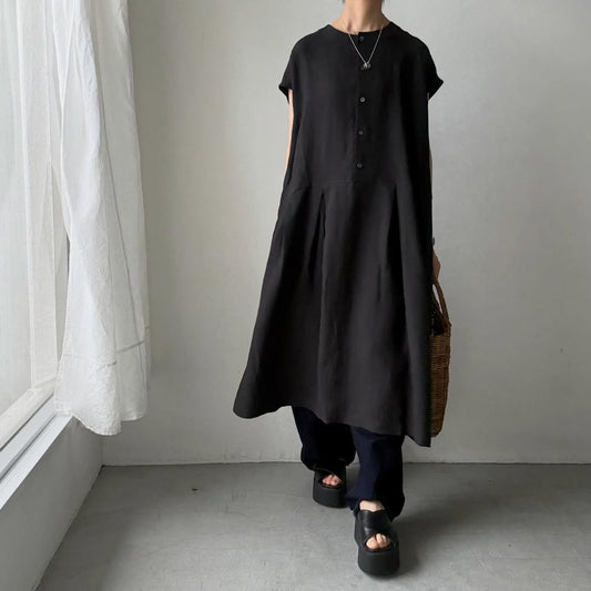 🟡週末入荷分予約受付中🟡Linenya  リネンフレンチスリーブワンピース　ブラック