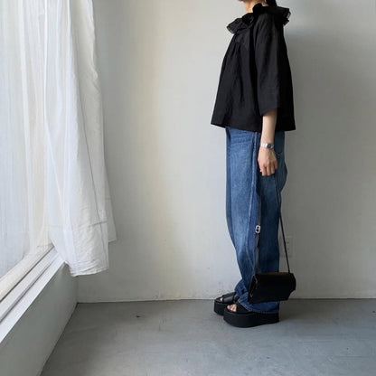 MAGALI コットンシルクブレイドフリルカラーブラウス　ブラック