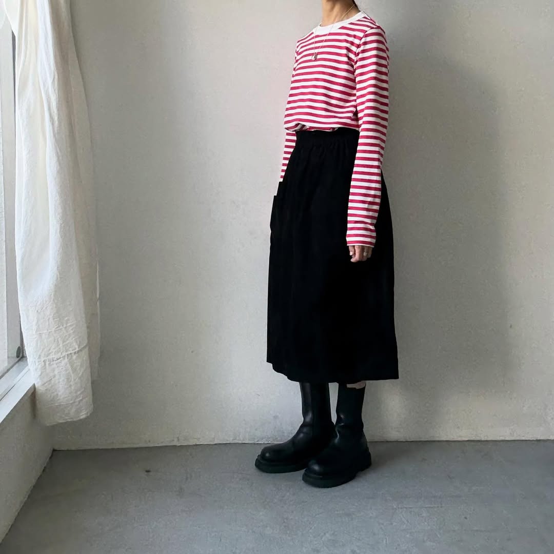 R&D.M.Co 裏起毛ボーダークルーネック長袖Tシャツ　ホワイト×ピンク