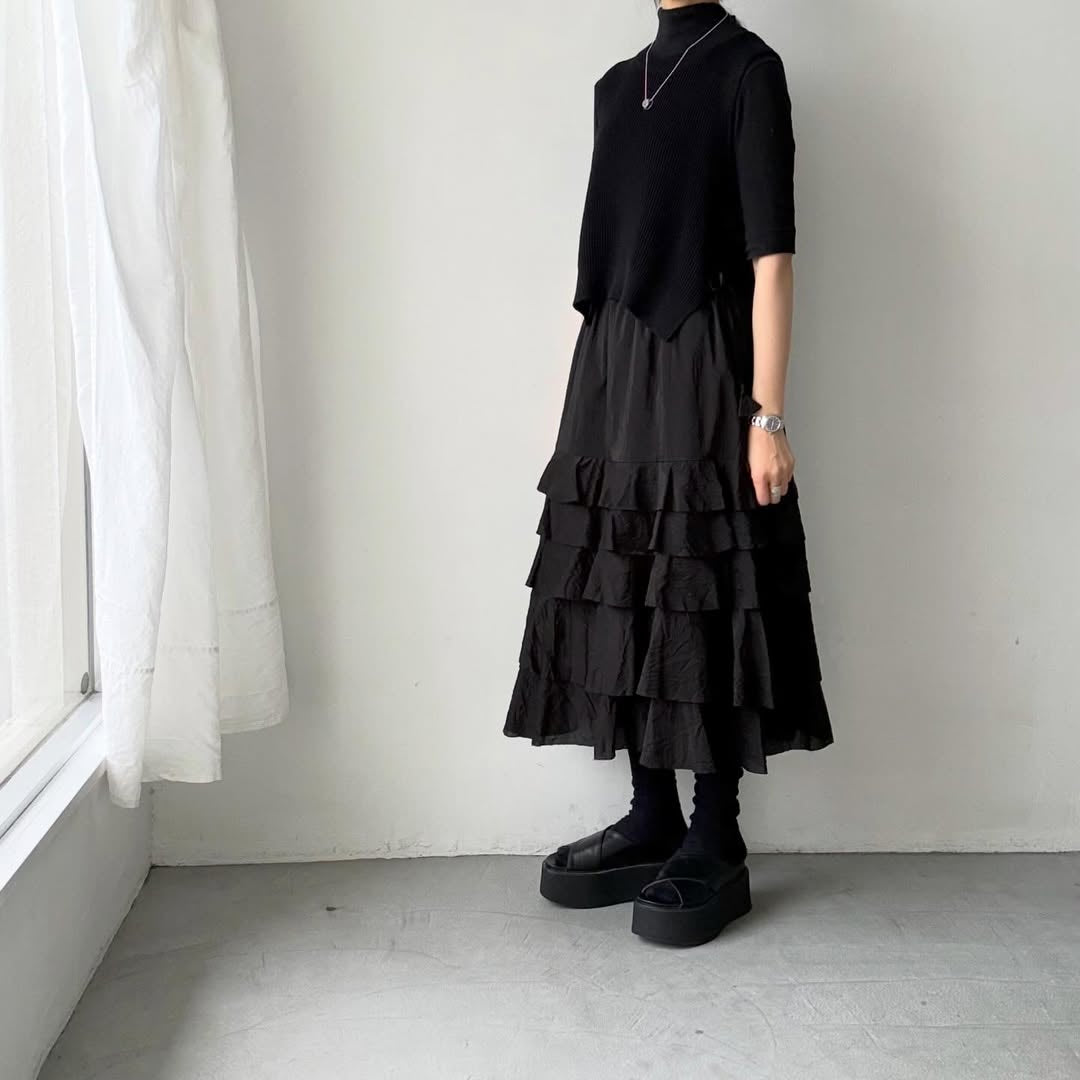 MAGALI コットンシルクブレイドティアードスカート　ブラック