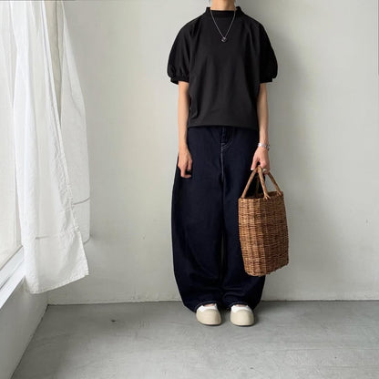 MAGALI コットン天竺ギャザースリーブカットソー　ブラック