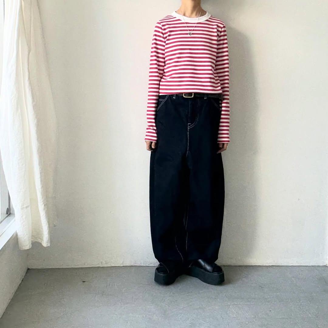 R&D.M.Co 裏起毛ボーダークルーネック長袖Tシャツ　ホワイト×ピンク