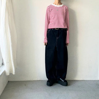 R&D.M.Co 裏起毛ボーダークルーネック長袖Tシャツ　ホワイト×ピンク