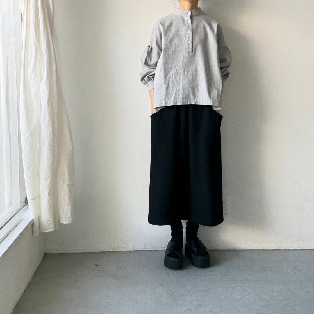 Linenya  コットンリネンウール長袖スタンドカラーブラウス