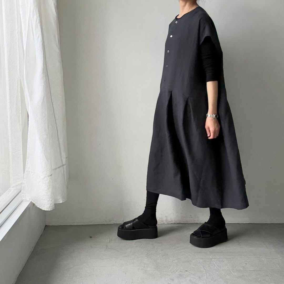 Linenya  リネンフレンチスリーブワンピース　チャコール