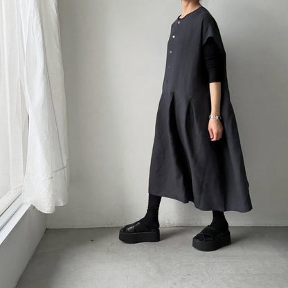 Linenya  リネンフレンチスリーブワンピース　チャコール