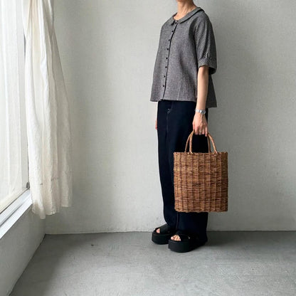 MAGALI リネンコットンギンガムフラットカラーブラウス