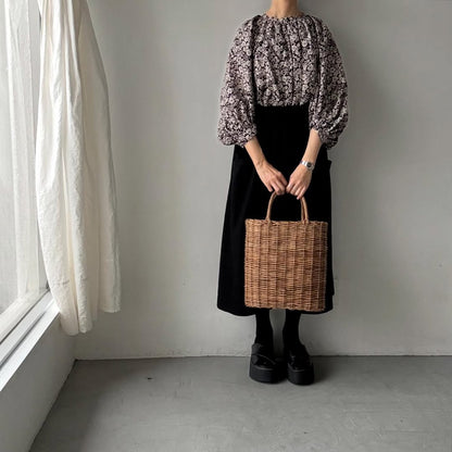 R&D.M.Co ワイルドベリーリネンギャザースモック　ブラック×フラックス