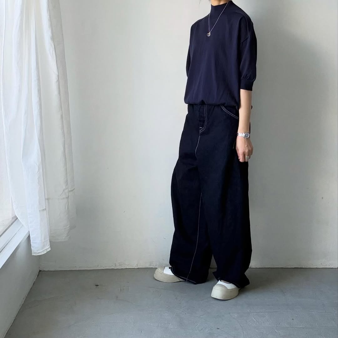 🟡木曜入荷分予約受付中🟡as it is   モックネックコットン5分袖ニット　ネイビー　