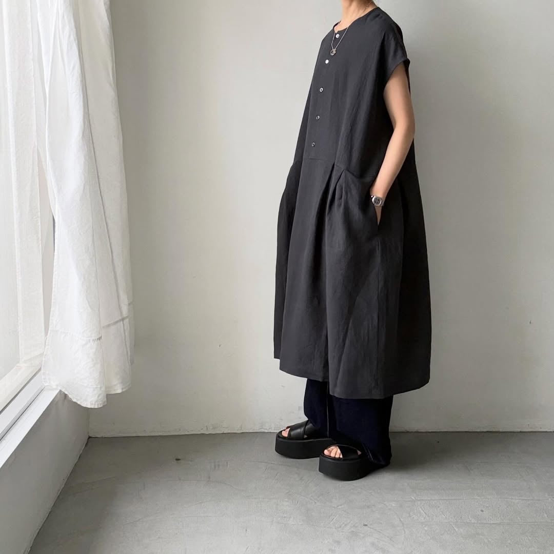 Linenya  リネンフレンチスリーブワンピース　チャコール